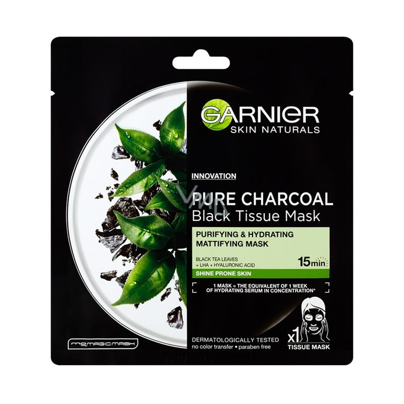 GARNIER SKIN NATURALS PURE CHARCOAL BLACK SHEET MASK | MASKË PËR FYTYRË ME EKSTRAKT TË ÇAJIT TË ZI