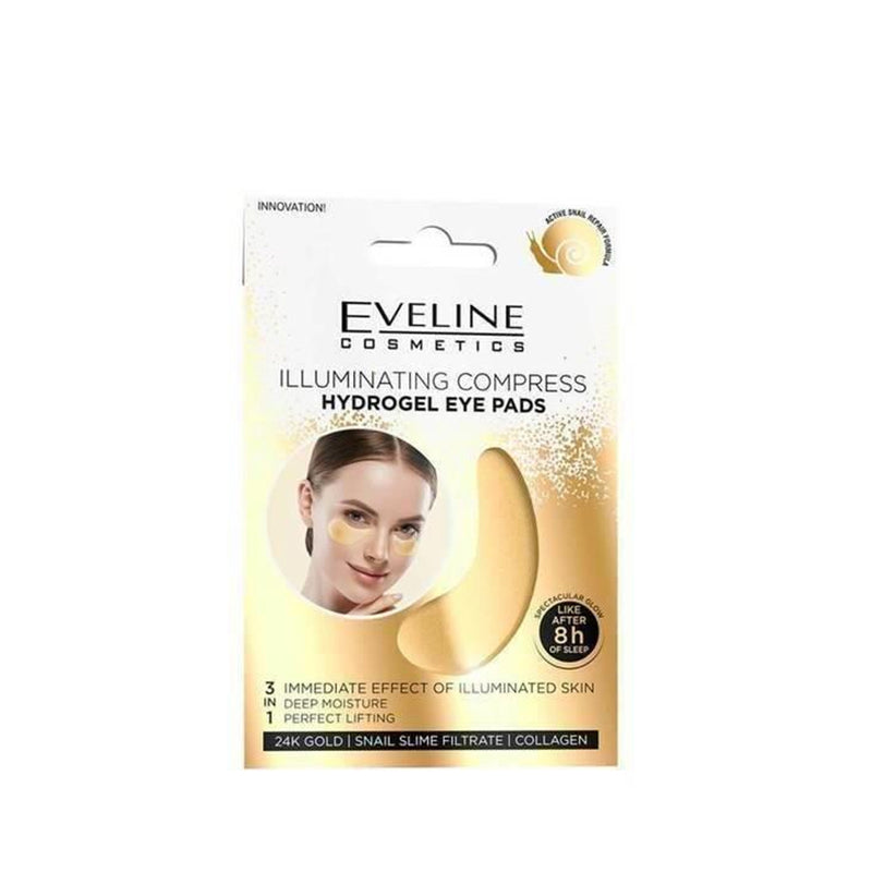 EVELINE GOLD ILLUMINATING COMPRESS HYDROGEL EYE PADS 3IN1 |  MASKA HIDROXHELI PËR NDRIÇIMIN DHE TËRHEQJEN E SYVE